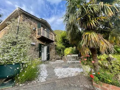 a stone house with a palm tree and a patio at a stalla in Valle d'Alesani