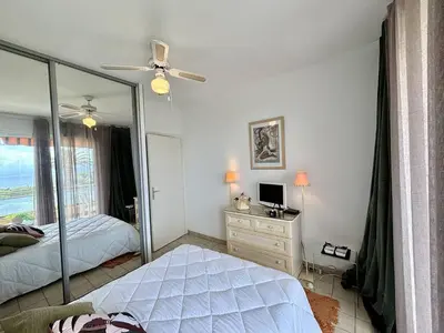 a bedroom with a bed and a dresser with a mirror at Appartement 2 pièces Le Versailles Ajaccio Sanguinaires in Ajaccio