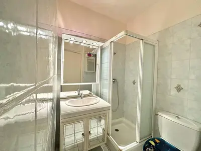 a bathroom with a sink and a shower and a toilet at Appartement 2 pièces Le Versailles Ajaccio Sanguinaires in Ajaccio