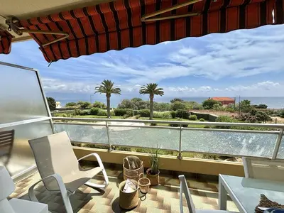 a balcony with a view of the ocean and palm trees at Appartement 2 pièces Le Versailles Ajaccio Sanguinaires in Ajaccio