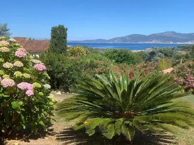 a garden with a palm tree and flowers at Corsicadream cupabia, appartement dans villa proche Porticcio, vue mer, piscine in Pietrosella
