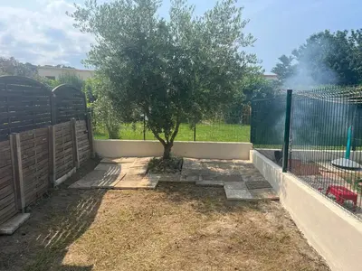 a tree in a fenced in yard next to a fence at Pavillon chez Michel corse in Poggio-Mezzana