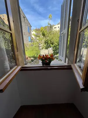 a window with a vase of flowers on a window sill at Maison de village in Silvareccio