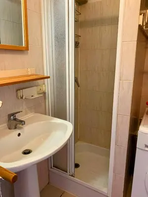 a bathroom with a sink and a shower at Chez Aline - Appartement en bord de mer in Cervione