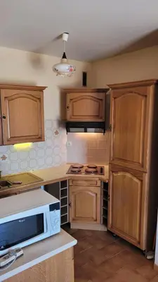 a kitchen with wooden cabinets and a microwave at Studio PORTICCIO in Porticcio