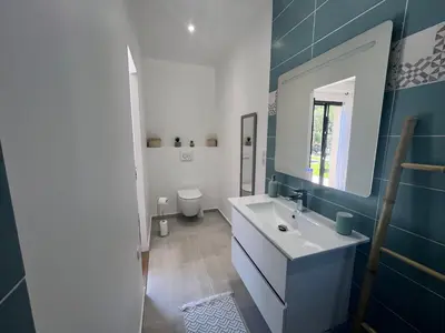 a bathroom with a sink and a toilet in it at A Felicità in Sainte-Lucie de Porto-Vecchio