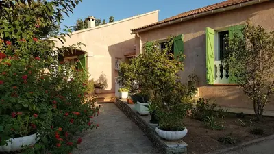 a house with potted trees in front of a building at Maison des pruniers in Furiani