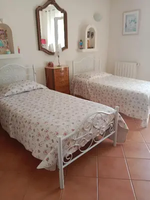 a bedroom with two beds and a mirror at Maison des pruniers in Furiani