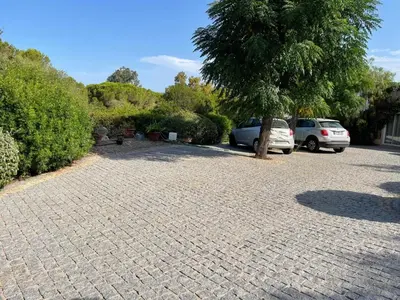 a parking lot with two cars parked next to a tree at Villa L'usciata in Pietrosella