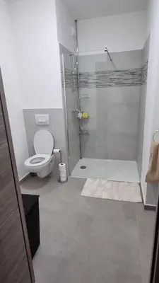 a bathroom with a shower with a toilet and a sink at Bel Appartement F3 proche de la plage in Pietrosella