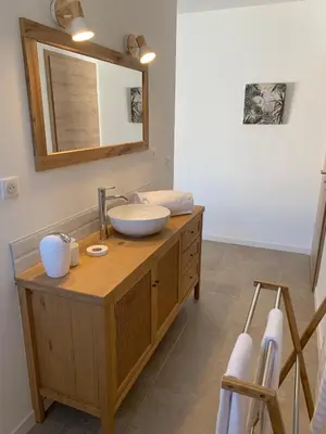a bathroom with a sink and a mirror at Résidence Patios di Pruno in Figari