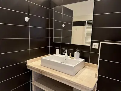 a bathroom with a white sink and a mirror at Joli T2 idéalement situé in Propriano
