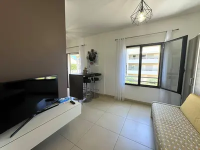 a living room with a couch and a television at Joli T2 idéalement situé in Propriano