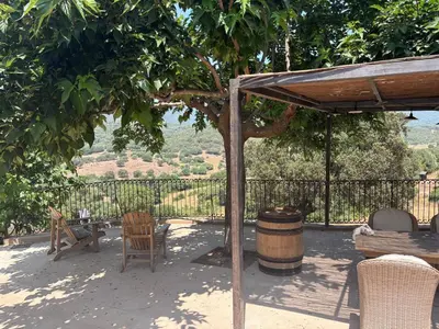 a patio with a table and chairs and a barrel at Entre mer et maquis- maison avec piscine privée - 8 minutes plage tizzano in Sartène