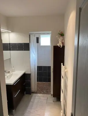 a bathroom with a sink and a shower at Les arbousiers de Murateddu in Porto-Vecchio