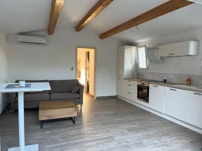 a kitchen and living room with a couch and a table at La campagne au bord de la mer in Porto-Vecchio