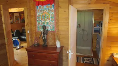 a bathroom with a shower and a dresser in a room at chalet 4 à 6 pers à la campagne 15 mn plages et Ajaccio grand terrain arboré calme assuré in Afa