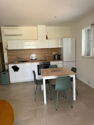 a kitchen with a table and chairs in a room at Résidence Patios di Pruno in Figari
