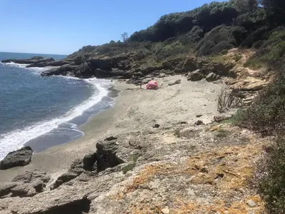 a sandy beach next to the ocean on a hill at Bravone in Linguizzetta