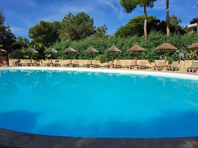 a swimming pool with chairs and umbrellas at belles chambres toutes équipées bord de mer gérance nouvelle in San-Nicolao
