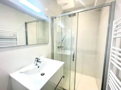 a bathroom with a sink and a shower at Villa Pietrosella, vue sur la baie d'Ajaccio in Agnarelu