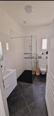 a bathroom with a shower and a sink and a toilet at Maison Vacance Proche De Calvi in Calenzana