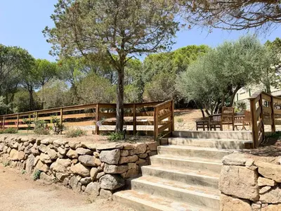 a stone wall and stairs with a fence and a tree at Villa NAOMI piscine à 100 m de la plage in Olmeto