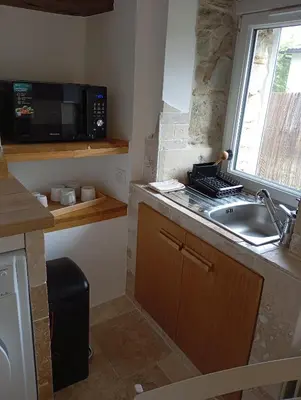 a small kitchen with a sink and a microwave at A casettuccia santu petru in Santo-Pietro-di-Venaco