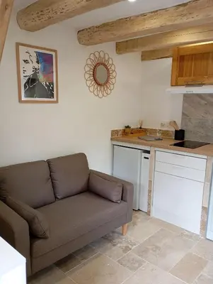 a living room with a couch in a kitchen at A casettuccia santu petru in Santo-Pietro-di-Venaco