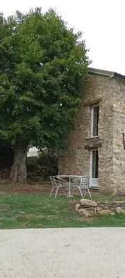 a table and chairs in front of a building with a tree at A casettuccia santu petru in Santo-Pietro-di-Venaco