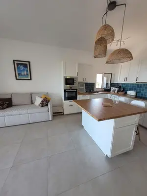 a kitchen and living room with a table and a couch at Le petit Sampiero 2 in Pietrosella