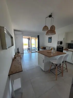 a large kitchen with a table and chairs in it at Le petit Sampiero 2 in Pietrosella
