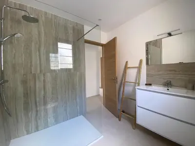 a bathroom with a shower and a sink and a mirror at Grande maison à Belgodère Balagne in Belgodère