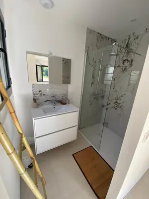 a white bathroom with a shower and a sink at Grande maison à Belgodère Balagne in Belgodère