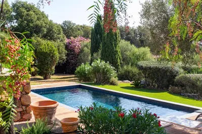 a swimming pool in the middle of a garden at Villa A Muvra Di Pinarellu in Pinarellu