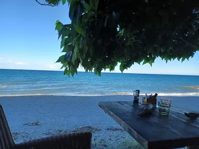 a picnic table with a view of the ocean at Appartement Corse in Santa-Maria-Poggio
