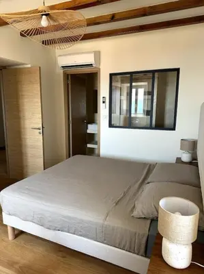 a bedroom with a bed and a mirror on the wall at Charming air-conditioned house with garden & view in Olmeto