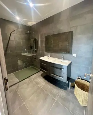 a bathroom with a sink and a shower at À Casetta Porticcio Spacieux T2 50m2 Neuf Terrasse & Jardin privatif à 3min des plus belles plages in Porticcio