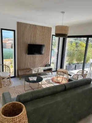 a living room with a green couch and a tv at Casa Corsu Villa avec piscine in Figari