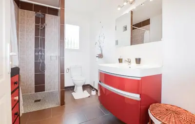 a bathroom with a red sink and a shower at Lovely Home In Vignale With Wifi in Vignale