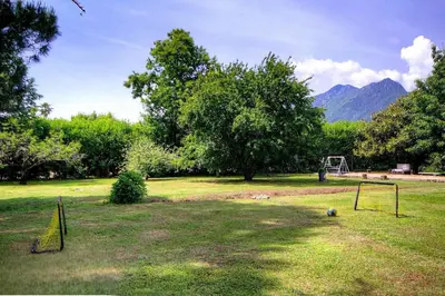 a field with a soccer ball and a goal at La Casalamadonna in Santa-Lucia-di-Moriani