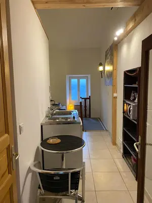a kitchen with a grill in the middle of a room at Appartement maison de village à Ota-Porto in Porto Ota