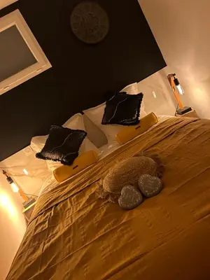 a bed with two pillows and a stuffed animal on it at I pozzi jacuzzi furiani love room haute corse in Furiani