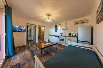 a large kitchen with a table and a refrigerator at Royal Palm in Porto-Vecchio