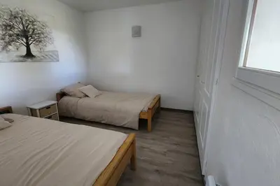 a bedroom with two beds and a tree on the wall at Mini villa Favone in Conca