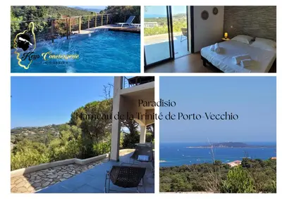 a collage of three pictures of a house with a pool at Paradiso T3 vue Mer Piscine Partagée in Porto-Vecchio
