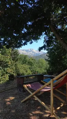 a bench sitting under a tree with a view at A casa di Francesca in Marignana