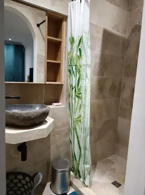 a bathroom with a sink and a shower at Bas de villa avec piscine in Moltifao