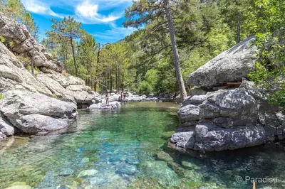 a pool of water in a river with rocks at Bas de villa avec piscine in Moltifao