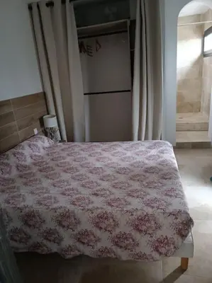 a bedroom with a bed with a pink blanket on it at Bas de villa avec piscine in Moltifao